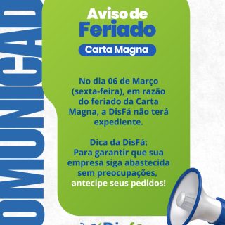 ⚠️ Comunicado importante

No dia 06/03 (sexta-feira), a DisFá estará fechada em razão do feriado da Carta Magna.

Programe-se e antecipe seus pedidos para manter seu negócio abastecido.

#DisFá #Aviso #CartaMagna #Logística #Distribuidora
