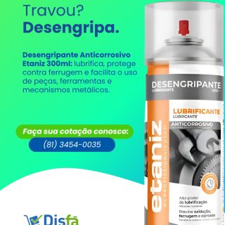 Travou? Desengripa. 🔧

O Desengripante Anticorrosivo Etaniz 300ml lubrifica, protege contra ferrugem e facilita o funcionamento de peças, ferramentas e mecanismos metálicos.

📲 Faça sua cotação conosco:
(81) 3454-0035

#DisFá #Etaniz #Desengripante #Manutenção #Ferramentas