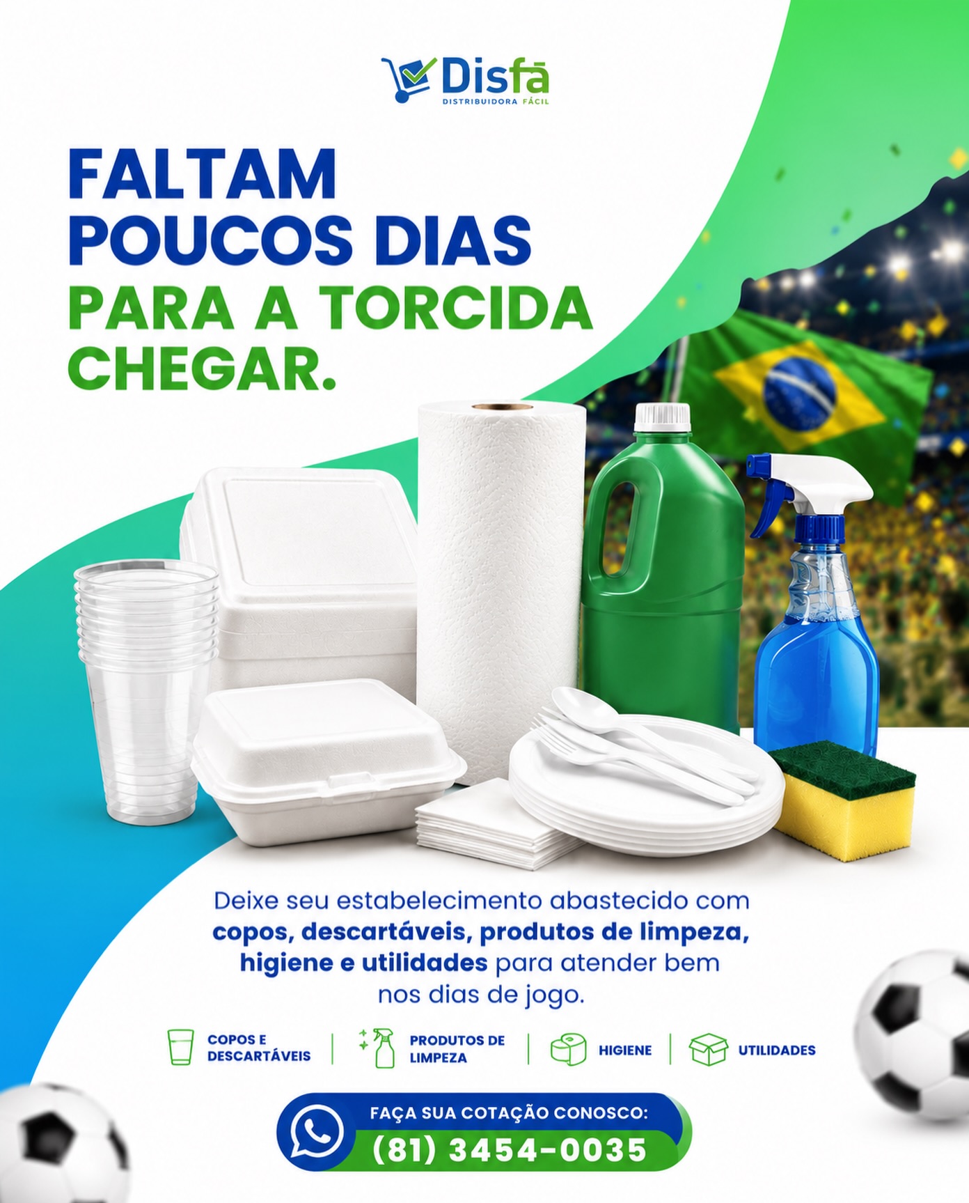 ⚽ A torcida está chegando… e a sua operação está pronta?

Nos dias de jogo, o movimento aumenta, o consumo cresce e quem se prepara sai na frente. Por isso, este é o momento de garantir copos, descartáveis, produtos de limpeza, higiene e tudo o que seu estabelecimento precisa para atender bem do primeiro ao último cliente.

Não deixe para a última hora. Organize seu estoque e entre em campo preparado para vender mais e atender melhor.

📲 Faça sua cotação conosco:
(81) 3454-0035

#DisFá #DiasDeJogo #Abastecimento #FoodService #Distribuidora