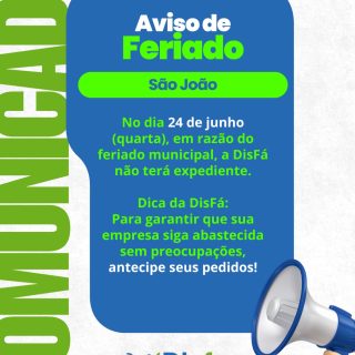Que o São João acenda alegria, união e bons momentos no coração de cada um! 🔥🌽

A DisFá deseja um Feliz São João a todos os nossos clientes e parceiros.

No dia 24 de junho, quarta-feira, estaremos sem expediente em razão do feriado municipal. Por isso, programe seus pedidos com antecedência para sua empresa seguir abastecida sem aperreio.
Conte com a DisFá! 💙💚

#DisFá #FelizSãoJoão #SãoJoão #AntecipeSeusPedidos #ProdutosParaEmpresas