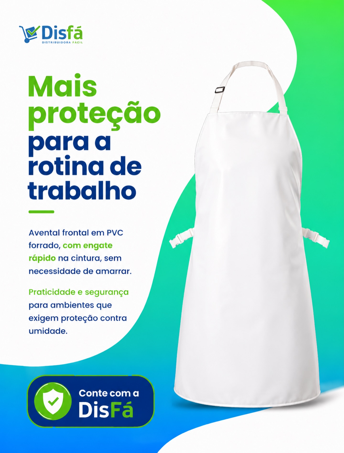 Mais proteção também significa mais tranquilidade no trabalho.

O Avental Frontal em PVC Brascamp foi desenvolvido para quem atua em ambientes com contato constante com água e umidade, oferecendo resistência, conforto e praticidade.

✔ PVC forrado para maior durabilidade.
✔ Engate rápido na cintura, sem necessidade de amarrar.
✔ Mais agilidade para vestir e retirar.
✔ Ideal para cozinhas industriais, áreas de limpeza, indústrias, frigoríficos e diversos ambientes profissionais.

Na rotina de quem trabalha todos os dias, contar com os equipamentos certos faz toda a diferença.

📲 Conte com a DisFá para encontrar as soluções que a sua empresa precisa.

#DisFá #Brascamp #EPI #SegurançaNoTrabalho #Proteção