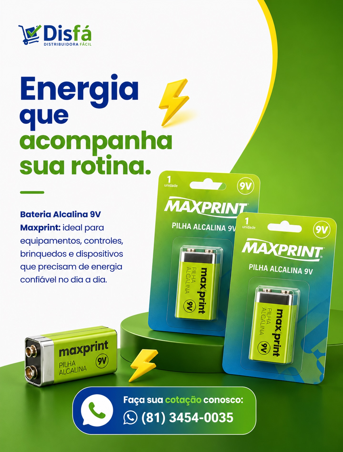 Nem toda bateria entrega o desempenho que a sua rotina exige.

A Bateria Alcalina 9V Maxprint foi desenvolvida para oferecer energia confiável e maior durabilidade em equipamentos que fazem parte do dia a dia da sua empresa ou da sua casa.

Ideal para controles, detectores, brinquedos, equipamentos eletrônicos e diversos dispositivos que precisam de funcionamento contínuo e seguro.

Na DisFá, você encontra soluções que facilitam a rotina do seu negócio, com variedade de produtos e atendimento ágil.

📲 Solicite sua cotação:
📞 (81) 3454-0035

#DisFá #Bateria9V #Maxprint #SuprimentosParaEmpresas #MaterialParaEscritório