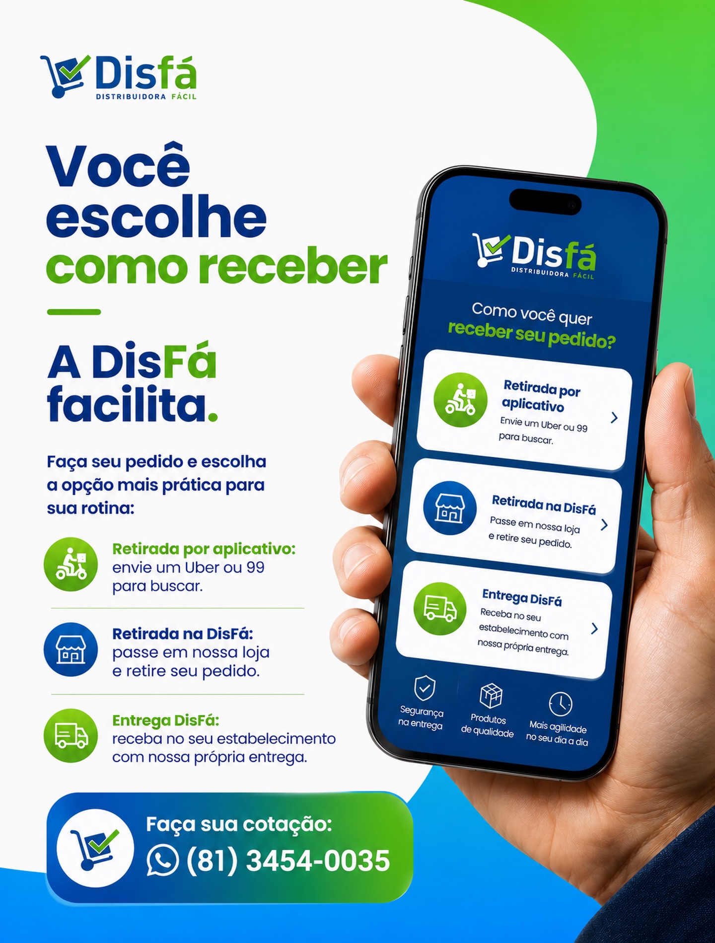 Sabemos que, na rotina de uma empresa, tempo faz toda a diferença.

Por isso, a DisFá oferece diferentes formas de receber seus pedidos: você pode optar pela nossa entrega ou solicitar a retirada por aplicativo, escolhendo a opção que melhor se adapta à sua necessidade.

Mais praticidade, mais agilidade e menos preocupação para manter sua empresa sempre abastecida.

Porque facilitar a sua rotina faz parte do nosso compromisso.

📲 Solicite sua cotação:
📞 (81) 3454-0035

#DisFá #EntregaRápida #DistribuidoraRecife #SuprimentosParaEmpresas #MaterialDeLimpeza