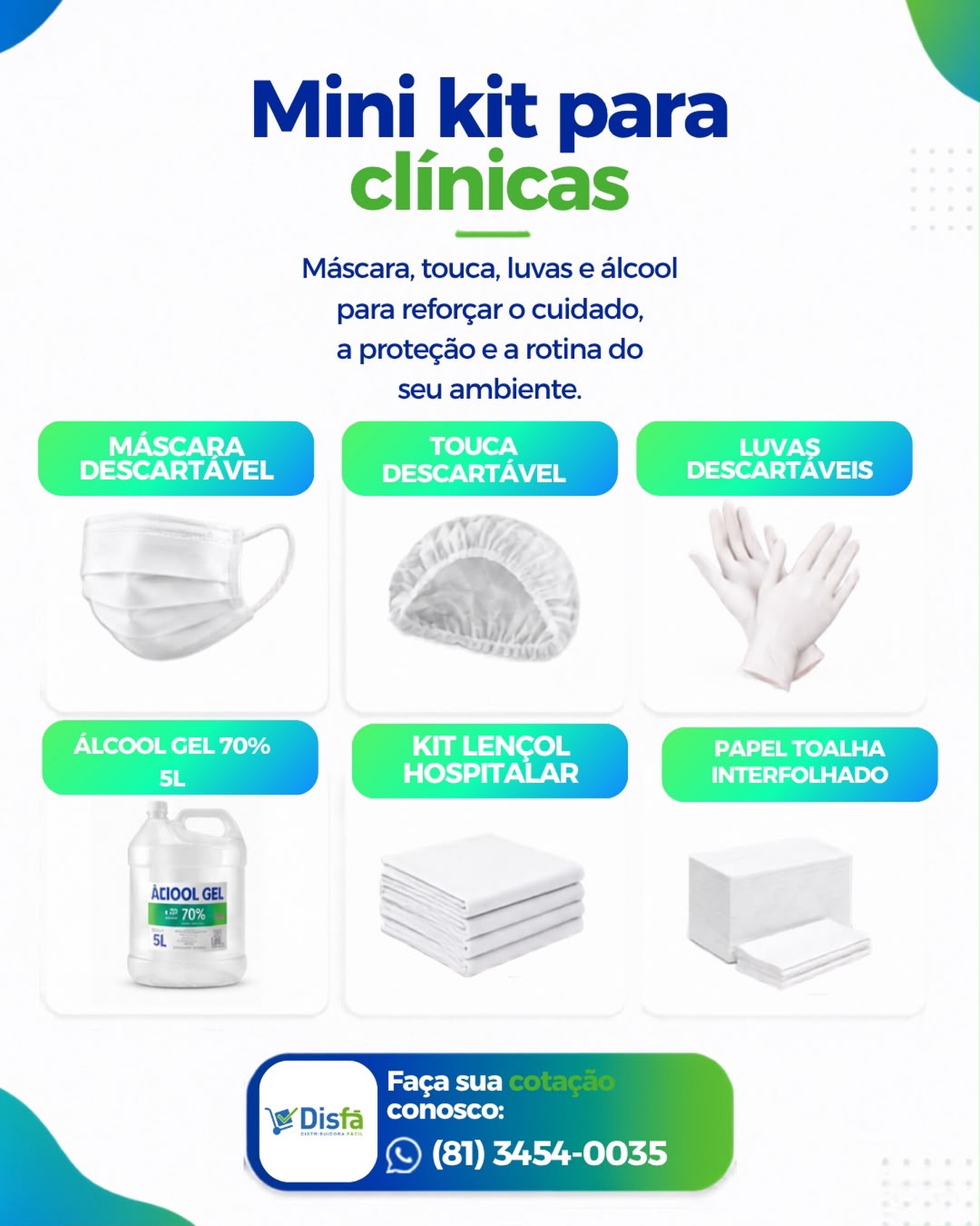 Cuidar de quem cuida também faz parte da rotina.

O mini kit para clínicas reúne itens essenciais para reforçar a proteção, a higiene e a segurança de profissionais e pacientes no dia a dia.

✔️ Máscaras
✔️ Toucas
✔️ Luvas
✔️ Álcool

Tudo isso com a praticidade de encontrar os produtos em um só lugar.

📲 Faça sua cotação:
(81) 3454-0035

#Clínicas #EPIs #Higiene #Segurança #saúde