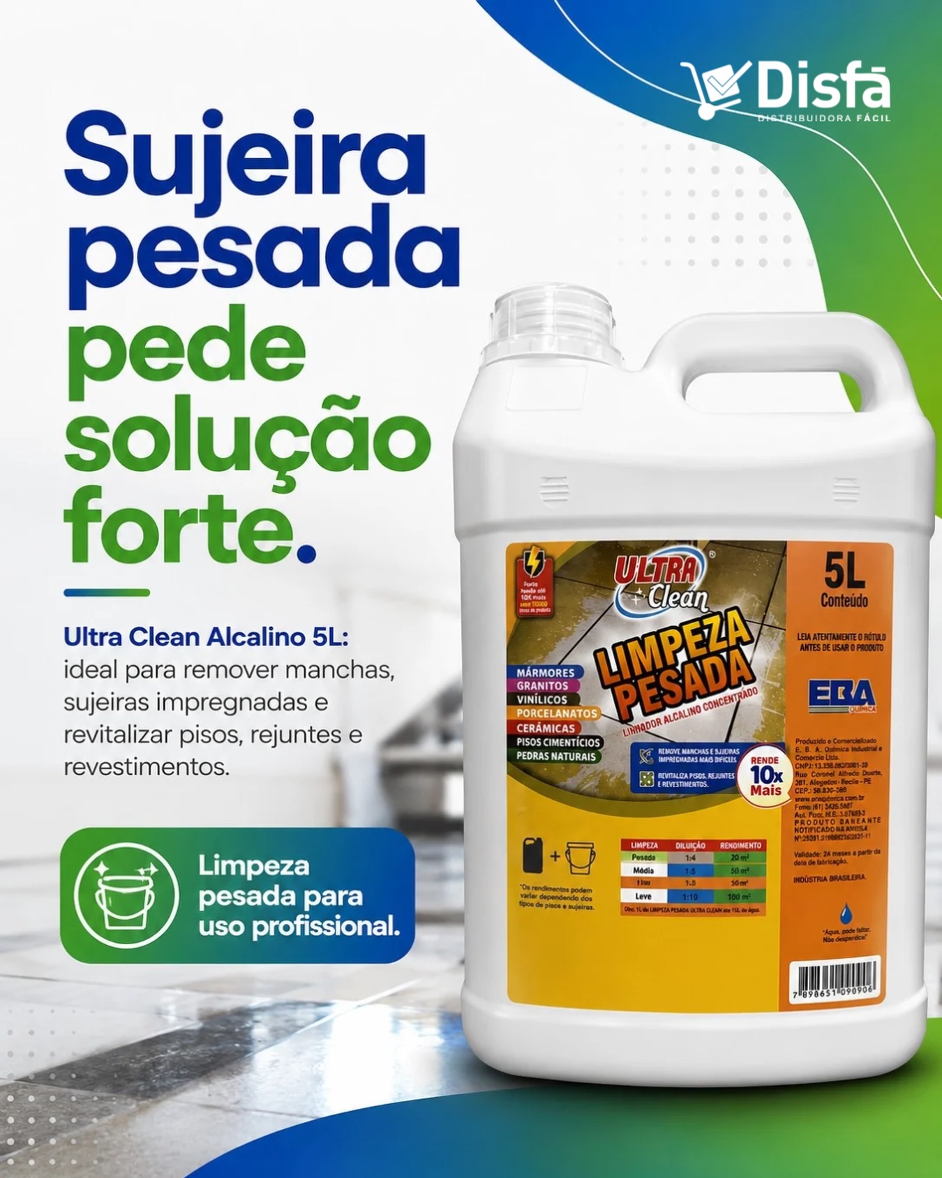 Quando a sujeira é pesada, produto comum pode não dar conta. 🧼

O Ultra Clean Alcalino 5L é uma solução para limpeza pesada profissional, auxiliando na remoção de manchas e sujeiras impregnadas e na revitalização de pisos, rejuntes e revestimentos.

Mais eficiência para empresas e operações que precisam manter um alto padrão de limpeza no dia a dia.

📲 Faça sua cotação com a DisFá: (81) 3454-0035

#LimpezaProfissional #LimpezaPesada #ProdutosDeLimpeza #SuprimentosParaEmpresas #DisFá
