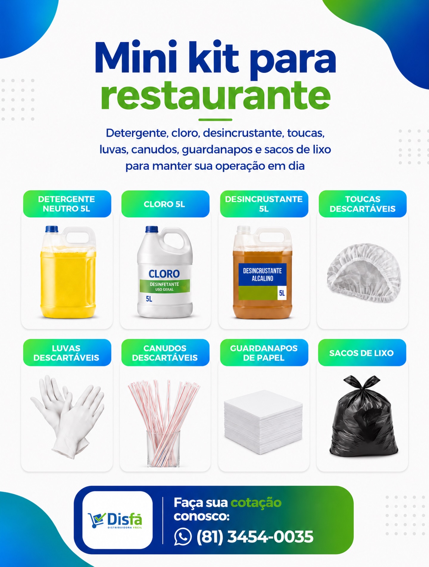 Uma cozinha eficiente também começa pelos produtos que ninguém pode deixar faltar. 🍽️

Do detergente aos itens essenciais de higiene e limpeza, manter o restaurante abastecido ajuda a garantir mais praticidade e agilidade na rotina da equipe.

Na DisFá, seu negócio encontra produtos de limpeza e suprimentos para restaurantes em um só lugar.

📲 Solicite sua cotação: (81) 3454-0035

#ProdutosParaRestaurante #LimpezaProfissional #FoodService #SuprimentosParaEmpresas #DisFá