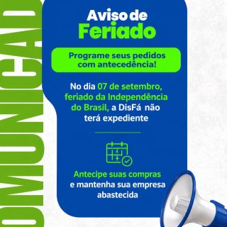 Não deixe o feriado pegar o estoque da sua empresa de surpresa! 📢

No dia 07 de setembro, feriado da Independência do Brasil, a DisFá não terá expediente.

Programe seus pedidos de produtos de limpeza, higiene, descartáveis, copa e escritório com antecedência e mantenha sua empresa abastecida.

📲 Faça sua cotação: (81) 3454-0035

#ComunicadoDisFá #Feriado7DeSetembro #SuprimentosParaEmpresas #AbastecimentoEmpresarial #DisFá