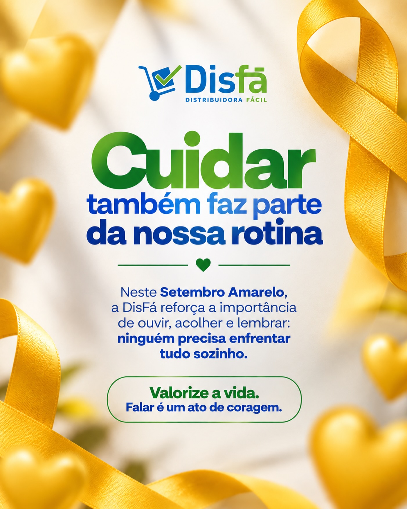 Cuidar também faz parte da nossa rotina. 💛

Neste Setembro Amarelo, a DisFá reforça a importância de olhar com mais atenção para quem está ao nosso lado, ouvir com empatia e lembrar que ninguém precisa enfrentar tudo sozinho.
Às vezes, uma conversa, uma escuta sincera ou uma palavra de apoio pode fazer diferença na vida de alguém.

Valorize a vida.

Falar é um ato de coragem. 💛

#DisFá #SetembroAmarelo #ValorizeAVida #SaúdeMental #CuidadoComAsPessoas