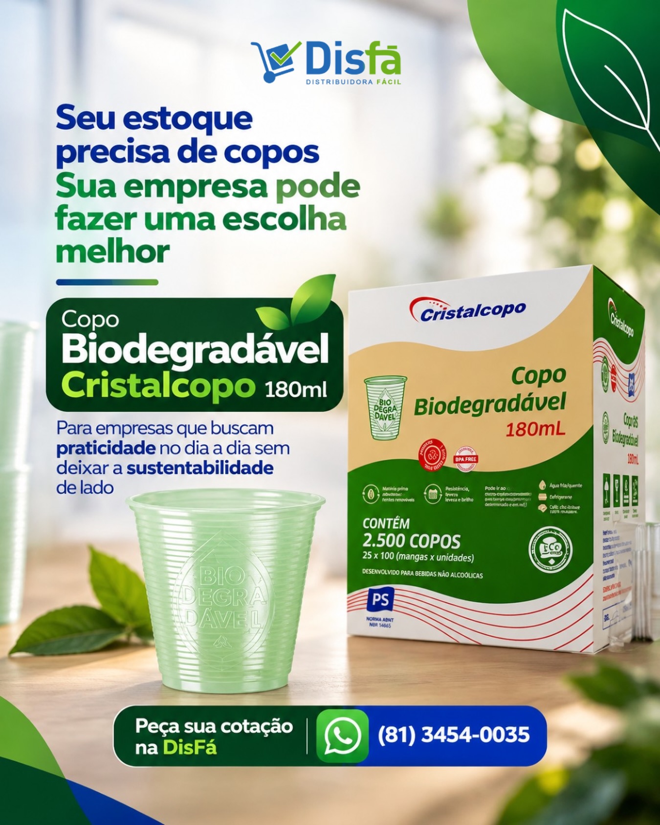 Sua empresa usa copos descartáveis todos os dias? Então uma escolha que parece pequena pode representar muito. 🌱

O Copo Biodegradável Cristalcopo 180ml une a praticidade que a rotina da empresa exige a uma alternativa mais consciente para o consumo diário.

Para escritórios, clínicas, empresas, recepções e outros ambientes que precisam manter o estoque abastecido, é uma forma simples de começar a incorporar escolhas mais sustentáveis no dia a dia.

📲 Abasteça sua empresa com a DisFá: (81) 3454-0035

Escolha fácil. Escolha a DisFá.

#CopoBiodegradável #DescartáveisParaEmpresas #SuprimentosParaEmpresas #SustentabilidadeEmpresarial #DisFá