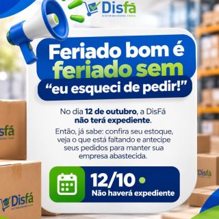 Feriado bom é feriado sem descobrir de última hora que alguma coisa acabou. 😅📦

No dia 12 de outubro, a DisFá não terá expediente. Por isso, aproveite para conferir o estoque de produtos de limpeza, higiene, descartáveis, copa e escritório da sua empresa e antecipar o que estiver faltando.
📅 12/10 • Não haverá expediente

Não deixe o abastecimento para a última hora: antecipe seu pedido e aproveite o feriado tranquilo. 💙💚

📲 (81) 3454-0035

#ComunicadoDisFá #AbastecimentoEmpresarial #SuprimentosParaEmpresas #EstoqueEmpresarial #DisFá