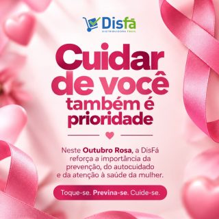 Na rotina de cuidar de tanta coisa, não deixe você mesma para depois. 

O Outubro Rosa reforça a importância da conscientização sobre o câncer de mama e de manter os cuidados com a saúde em dia.

Informação, atenção ao próprio corpo e acompanhamento de saúde fazem parte da prevenção e da detecção precoce.

Neste mês e durante todo o ano, fica o lembrete da DisFá: cuidar de você também é prioridade.

 Informe-se. Previna-se. Cuide-se.

#OutubroRosa #PrevençãoDoCâncerDeMama #SaúdeDaMulher #Autocuidado #DisFá
