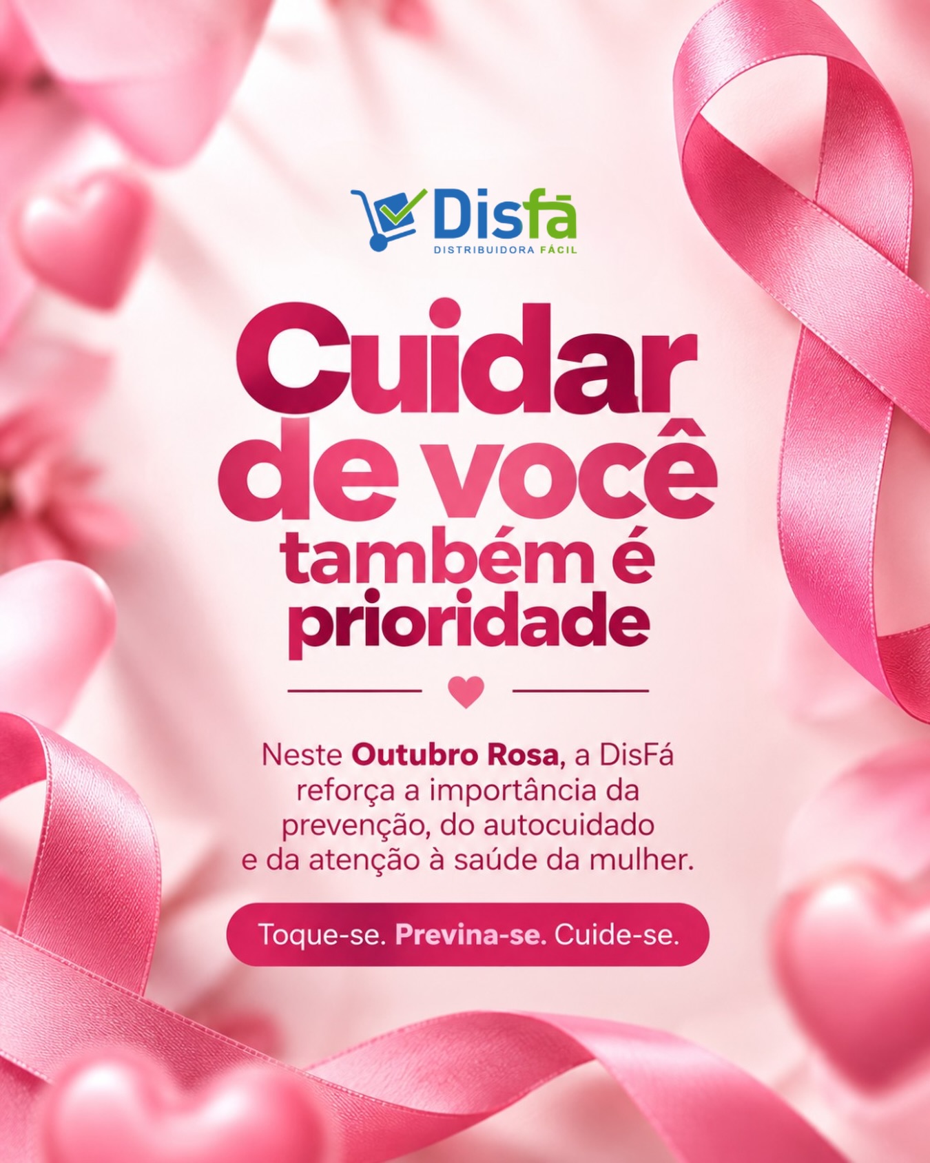 Na rotina de cuidar de tanta coisa, não deixe você mesma para depois. 

O Outubro Rosa reforça a importância da conscientização sobre o câncer de mama e de manter os cuidados com a saúde em dia.

Informação, atenção ao próprio corpo e acompanhamento de saúde fazem parte da prevenção e da detecção precoce.

Neste mês e durante todo o ano, fica o lembrete da DisFá: cuidar de você também é prioridade.

 Informe-se. Previna-se. Cuide-se.

#OutubroRosa #PrevençãoDoCâncerDeMama #SaúdeDaMulher #Autocuidado #DisFá