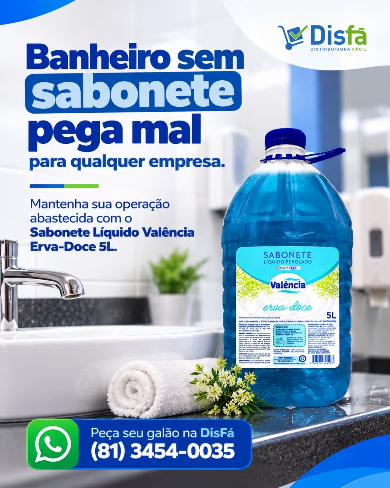 O sabonete acabou de novo? Isso não deveria virar problema na rotina da sua empresa. 👀

Banheiros de empresas, clínicas, escritórios e estabelecimentos com circulação de pessoas precisam de um estoque que acompanhe o uso diário.

O Sabonete Líquido Valência Erva-Doce 5L é uma opção prática para manter a higiene das mãos disponível e evitar aquela correria quando o dispenser fica vazio.

📲 Não espere acabar. Peça seu galão na DisFá: (81) 3454-0035

Escolha fácil. Escolha a DisFá.

#SaboneteLíquido #HigieneProfissional #ProdutosDeHigiene #SuprimentosParaEmpresas #DisFá