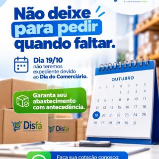Atenção, clientes! 💙💚

Em razão do Dia do Comerciário, no dia 19/10 a DisFá não terá expediente.

Para evitar correria e manter sua empresa abastecida sem preocupação, programe seus pedidos com antecedência. Assim, sua rotina segue organizada e sem aperreio. 📦✨

Faça sua cotação conosco:
(81) 3454-0035

#DisFá #AvisoDeFuncionamento #DiaDoComerciário #AntecipeSeusPedidos #DistribuidoraFácil