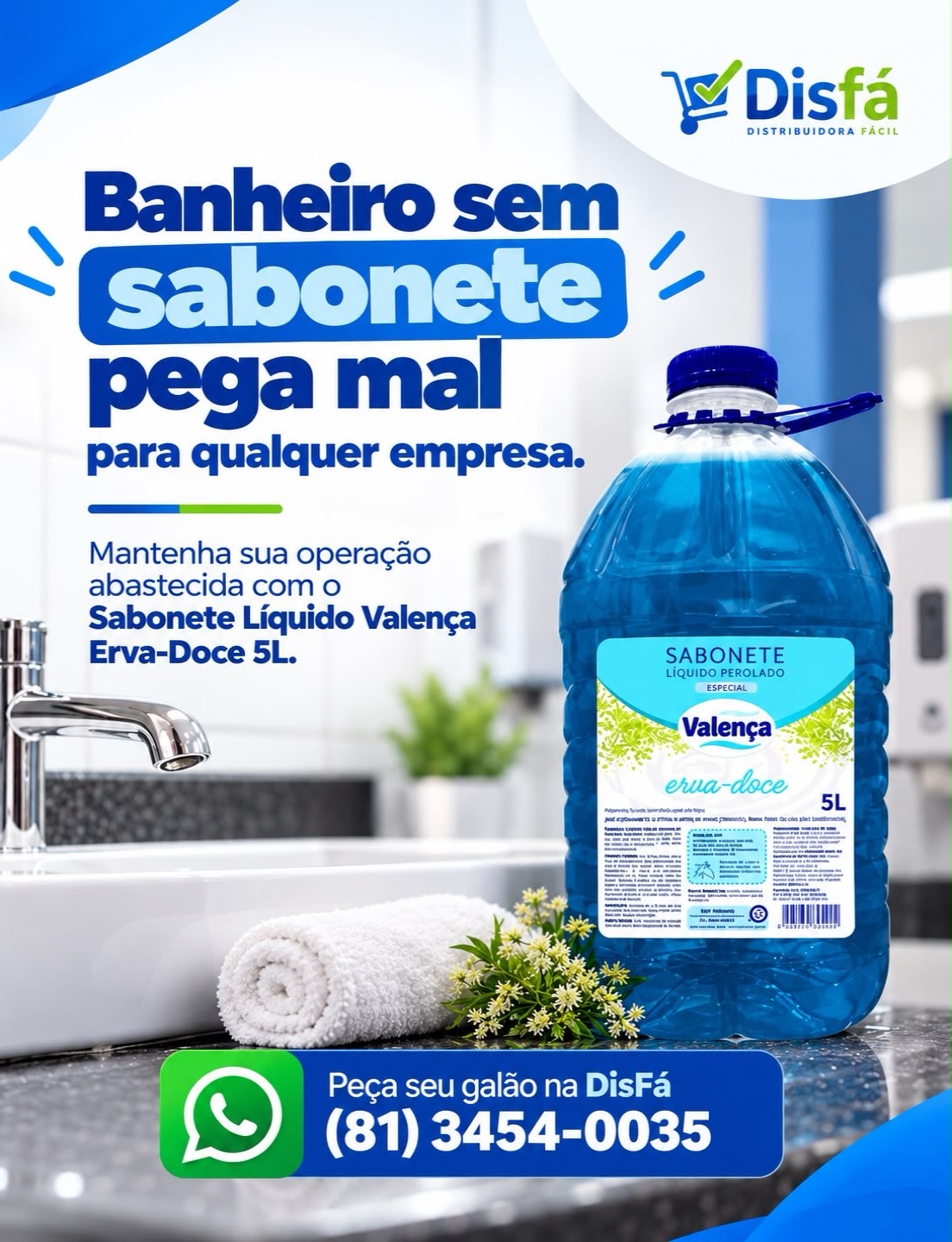 O sabonete acabou de novo? Isso não deveria virar problema na rotina da sua empresa. 👀

Banheiros de empresas, clínicas, escritórios e estabelecimentos com circulação de pessoas precisam de um estoque que acompanhe o uso diário.

O Sabonete Líquido Valência Erva-Doce 5L é uma opção prática para manter a higiene das mãos disponível e evitar aquela correria quando o dispenser fica vazio.

📲 Não espere acabar. Peça seu galão na DisFá: (81) 3454-0035

Escolha fácil. Escolha a DisFá.

#SaboneteLíquido #HigieneProfissional #ProdutosDeHigiene #SuprimentosParaEmpresas #DisFá