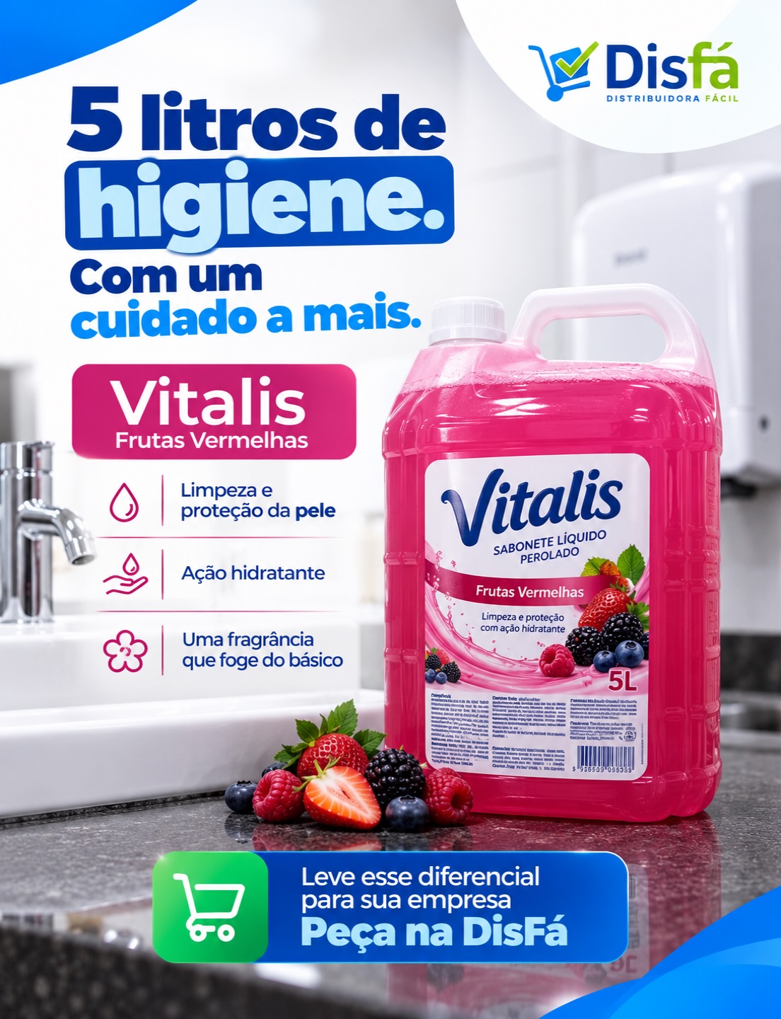 Quem lava as mãos várias vezes ao dia sente a diferença que o sabonete faz.

O Sabonete Líquido Vitalis Frutas Vermelhas 5L combina higiene com ação hidratante, ajudando a cuidar da pele durante a rotina de lavagem das mãos.

E a fragrância de frutas vermelhas ainda foge daquele sabonete básico de sempre. ✨

Uma boa escolha para banheiros de empresas, clínicas, escritórios e estabelecimentos com uso frequente.

📲 Leve esse cuidado para sua empresa. Peça na DisFá: (81) 3454-0035

#SaboneteLíquido #HigieneDasMãos #HigieneProfissional #SuprimentosParaEmpresas #DisFá